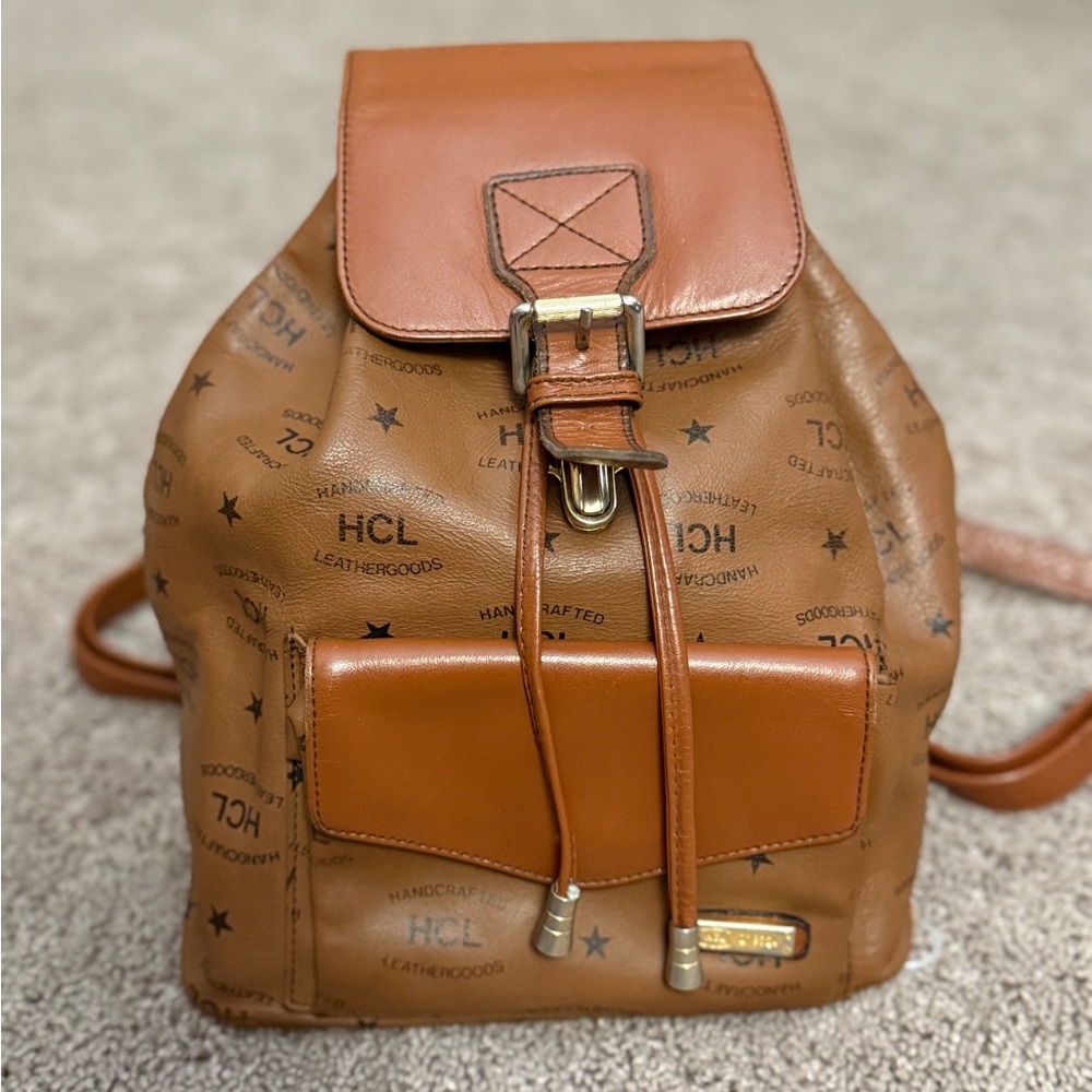 Vintage Made in Germany HCL Backpack Women Small Brown Leather Drawstring Bag